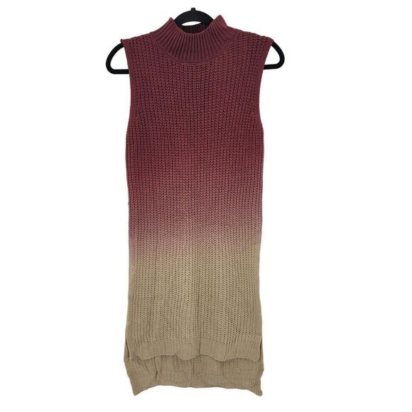 Vintage Sleeveless High Low Turtleneck Sweater Dress S Ombre Maroon Cream Knit - Picture 3 of 8